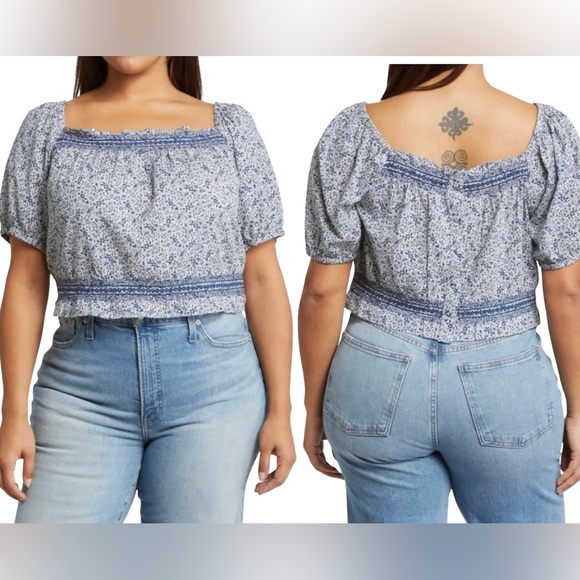 Madewell Jeanette Florentine Floral Top Blue Puff Sleeve Button Back Size 3X NEW - Picture 1 of 10